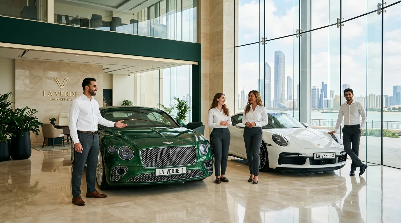 La Verde Cars Rental Team with Luxury Fleet in Abu Dhabi Showroom